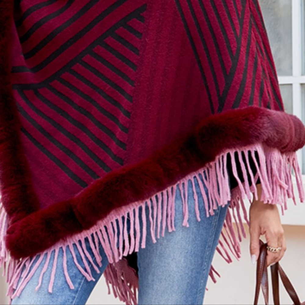 Plush Faux Fur Retro Fringe Stripe Pullover Oversized Warm Knit Poncho Cardigan - Picture 11 of 14